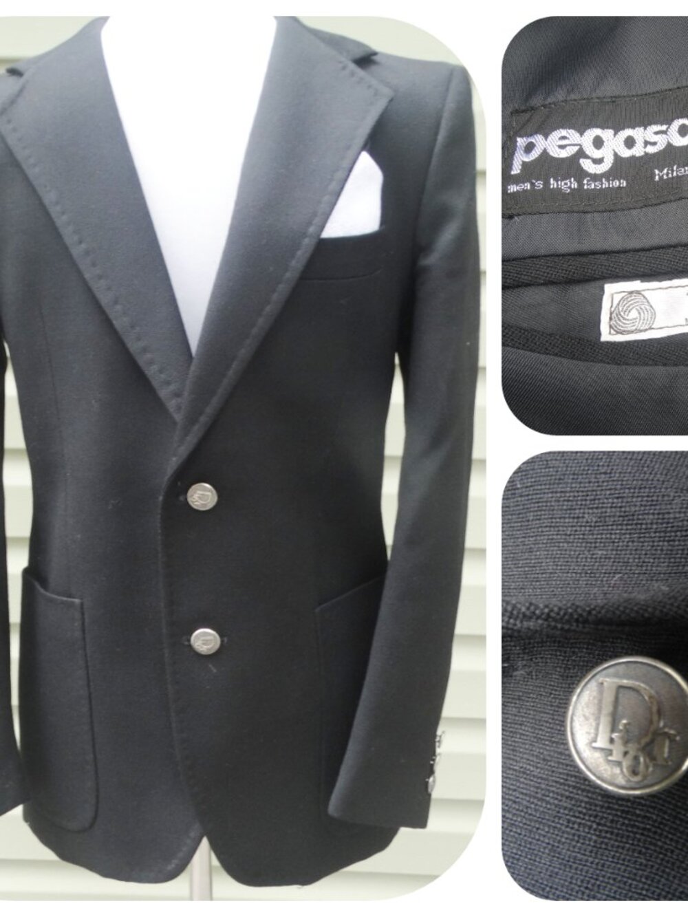PEGASO ITALY Men’s Blazer Formal 44/Large Notch Lapel, Dior buttons 100% wool